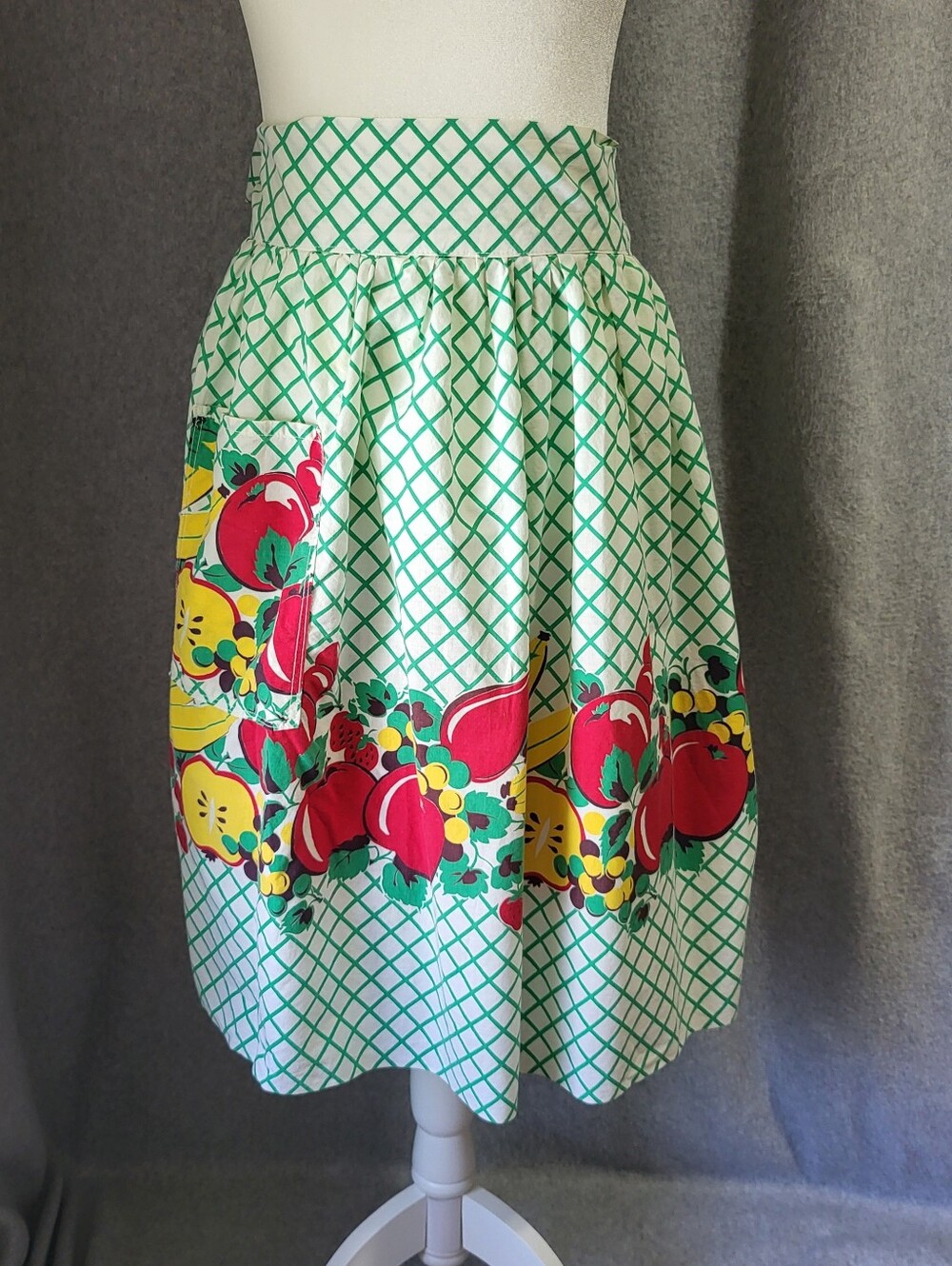Vintage Handmade Half Apron Fruit Band Green White Grid MCM Kitsch Cottagecore